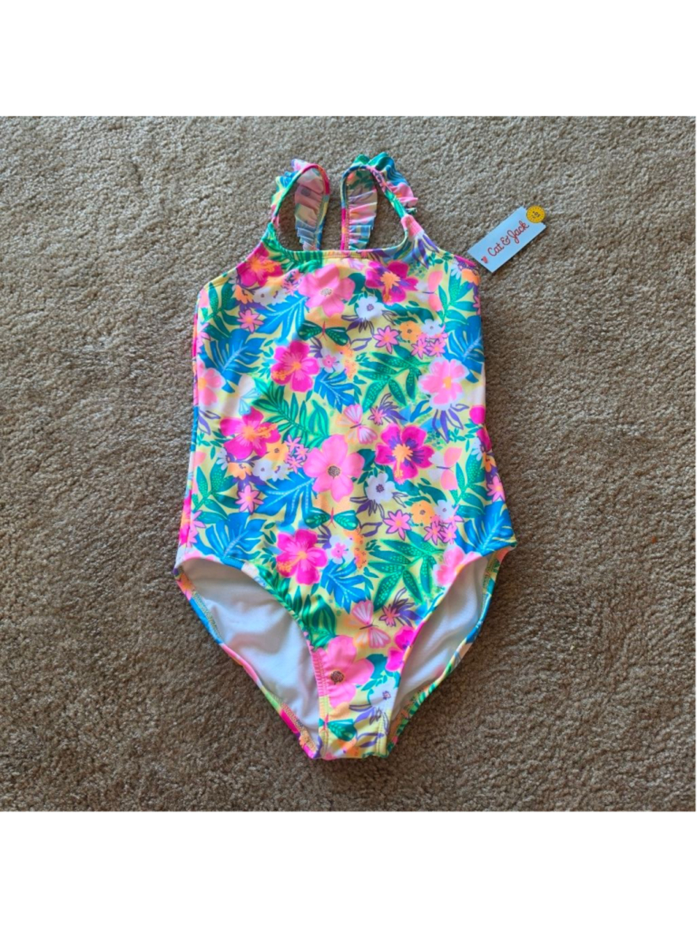 Girls Cat & Jack One Piece Swimsuit Floral Hibiscus Yellow Pink Size 14